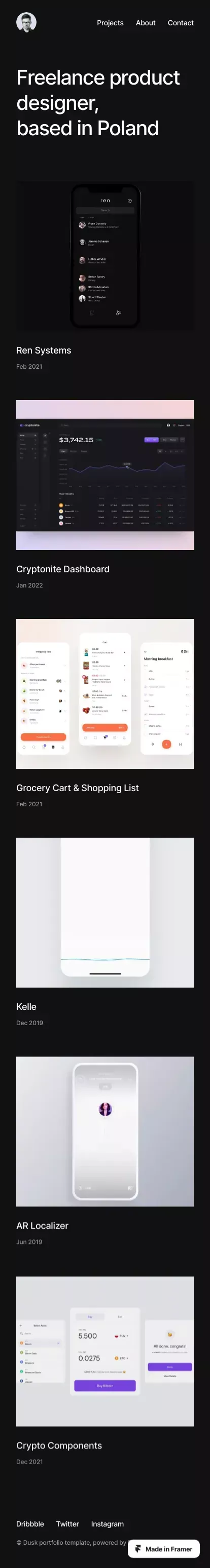 Dusk â Elegant and premium Framer portfolio template mobile view