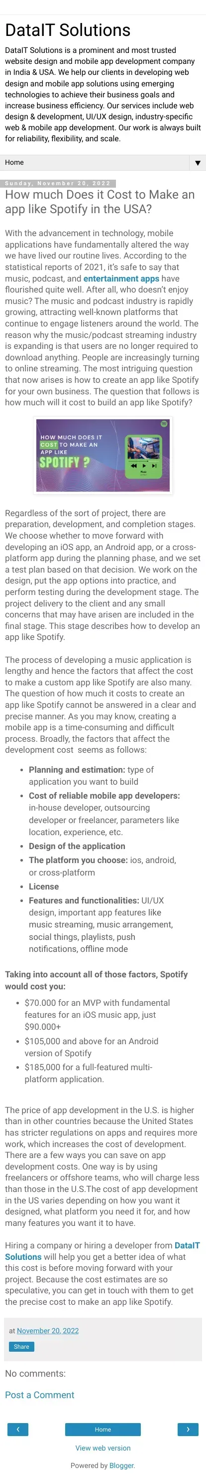 How much Does it Cost to Make an app like Spotify in the USA? - DataIT Solutions mobile view