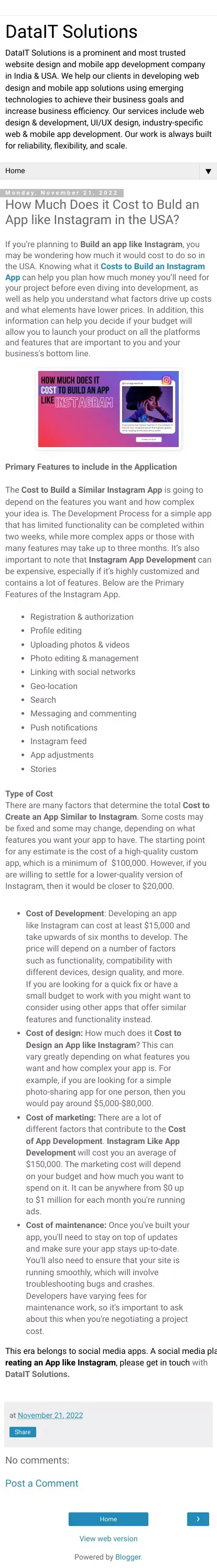 How Much Does it Cost to Buld an App like Instagram in the USA? - DataIT Solutions mobile view