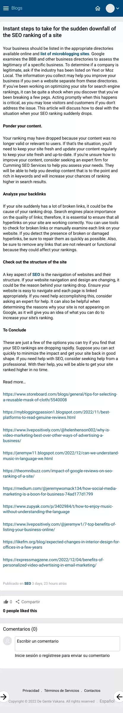 Instant steps to take for the sudden downfall of the SEO ranking of a site | De Gente Vakana mobile view