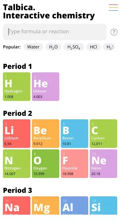 Talbica 3: Periodic Table and Chemical Reactions Database mobile view