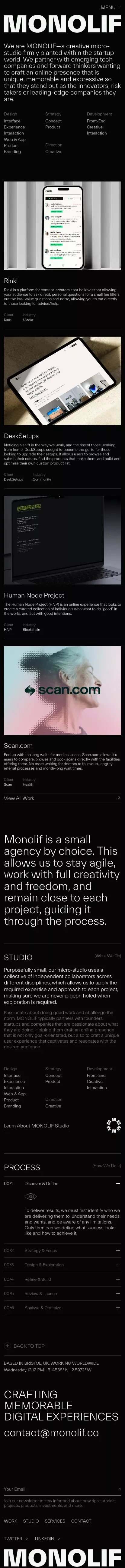 MONOLIF — a curiously creative micro-studio mobile view