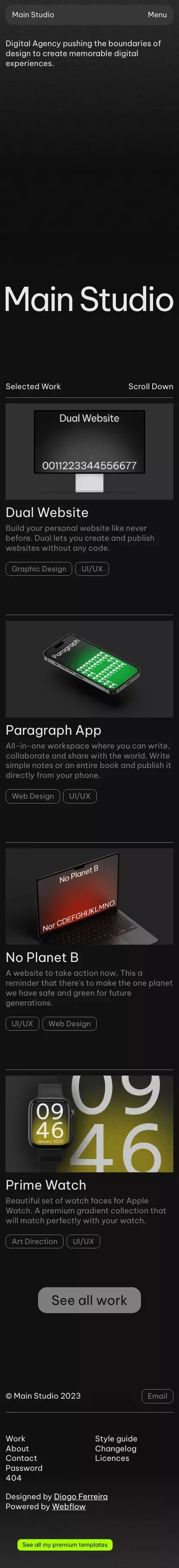 Main Studio – Webflow HTML website template mobile view