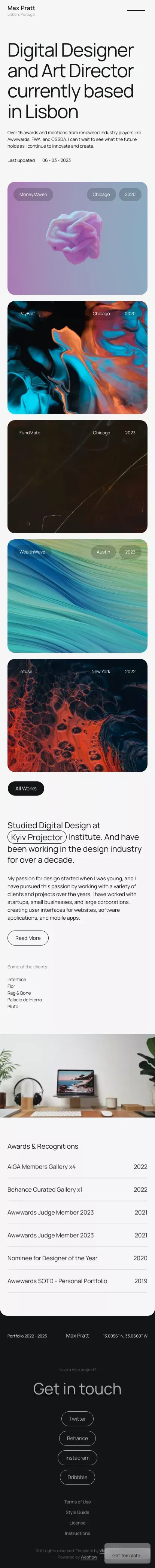 Max Pratt – Webflow HTML website template mobile view