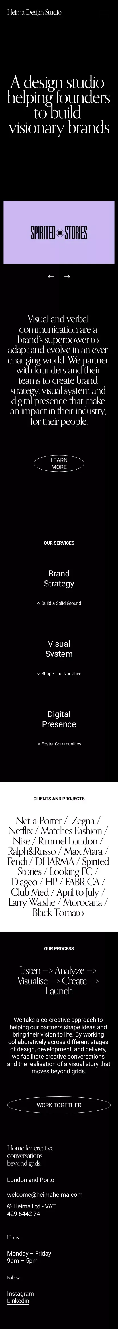 Heima Design Studio mobile view