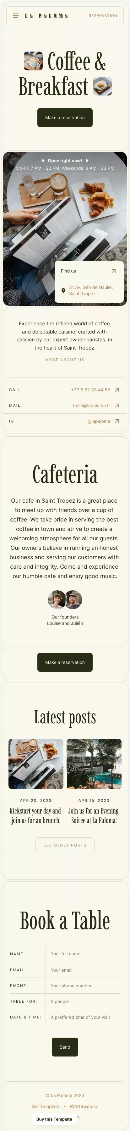 La Paloma â Cafe Framer Template mobile view