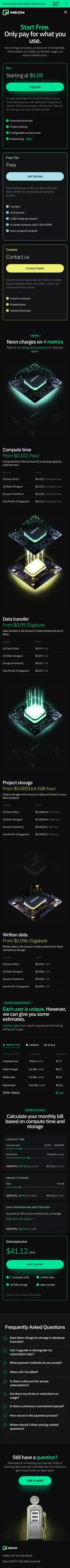 Pricing — Neon mobile view