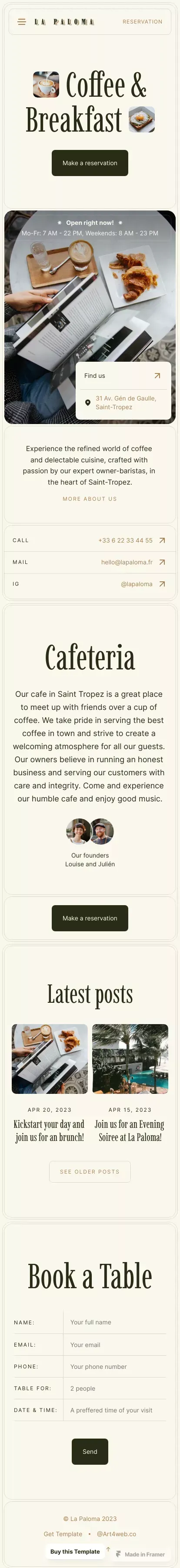 La Paloma â Cafe Framer Template mobile view