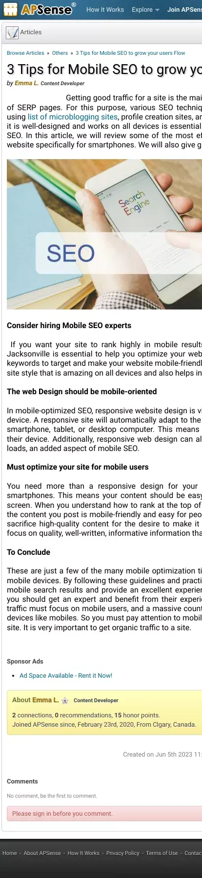 3 Tips for Mobile SEO to grow your users Flow by Emma L. mobile view