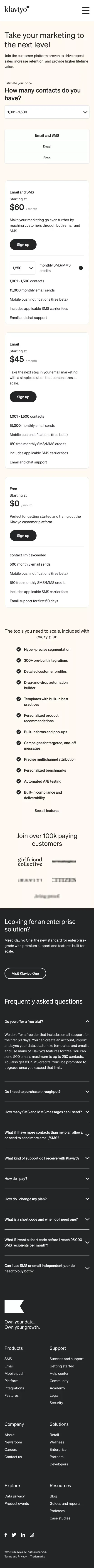 Email Marketing & SMS Pricing & Cost | Klaviyo Price Plans mobile view