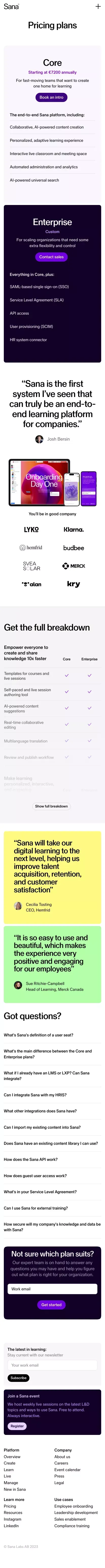 Pricing plans | Sana Labs mobile view