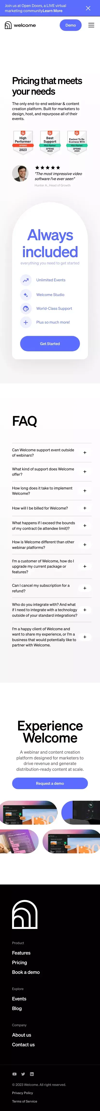 Webinar Platform | Pricing - Welcome mobile view