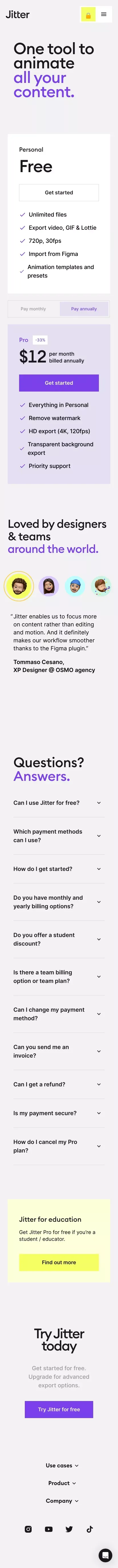 Pricing · Jitter mobile view