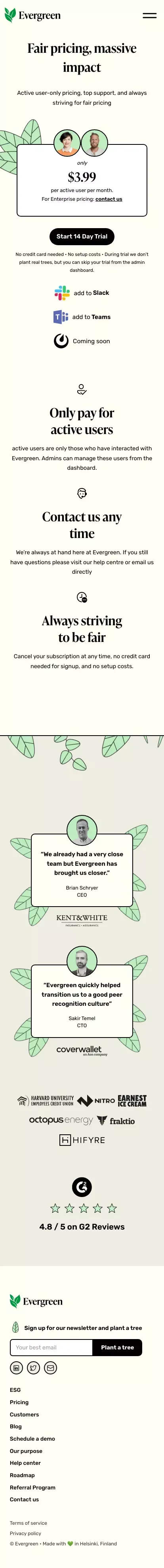 Evergreen | Pricing mobile view