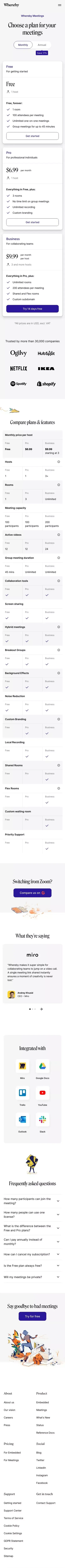 Video Meetings Pricing | Video Conferencing | Whereby mobile view