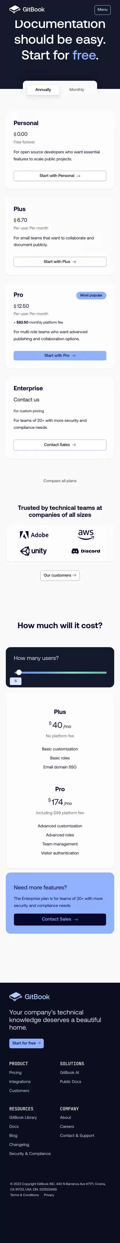 Pricing - GitBook mobile view