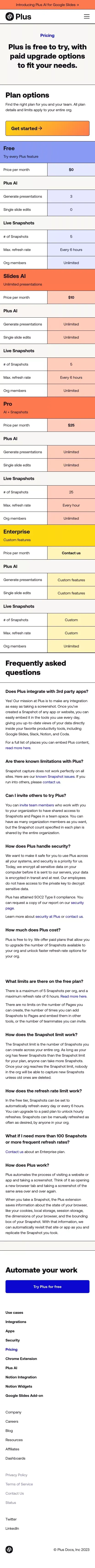 Plus | Pricing mobile view