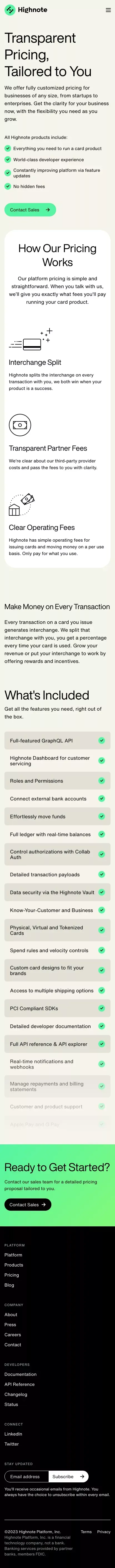 Pricing | Highnote mobile view
