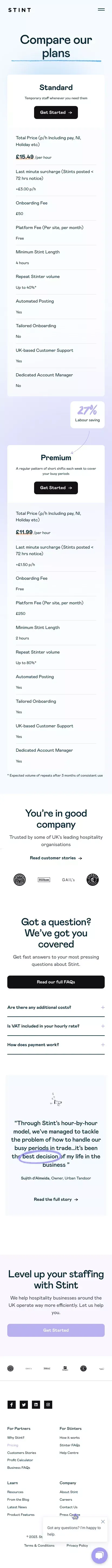 Stint Pricing - No sign-up fee, no retainer fee, just a profit increase mobile view