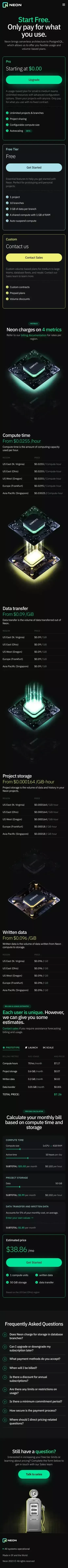 Pricing — Neon mobile view