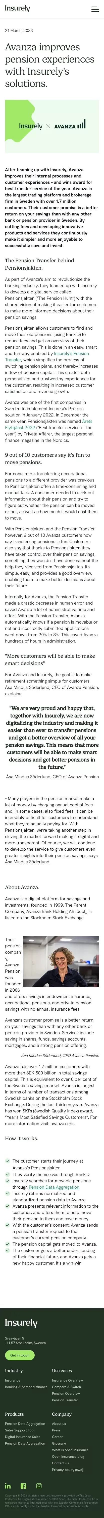 Avanza improves pension experiences with Insurely's solutions. | Insurely mobile view