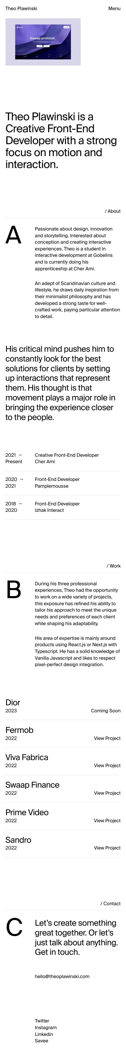 Theo Plawinski — Creative Front-End Developer mobile view