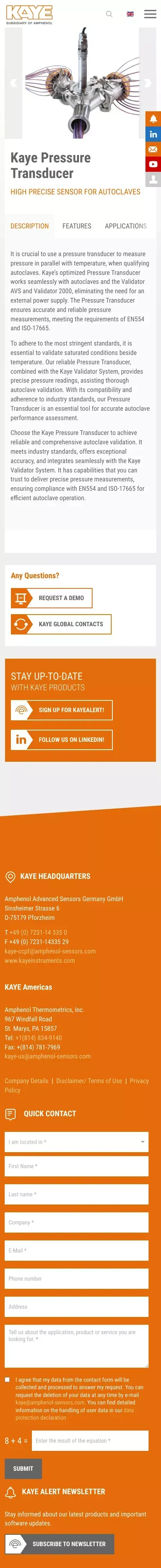 Kaye Pressure Transducer mobile view