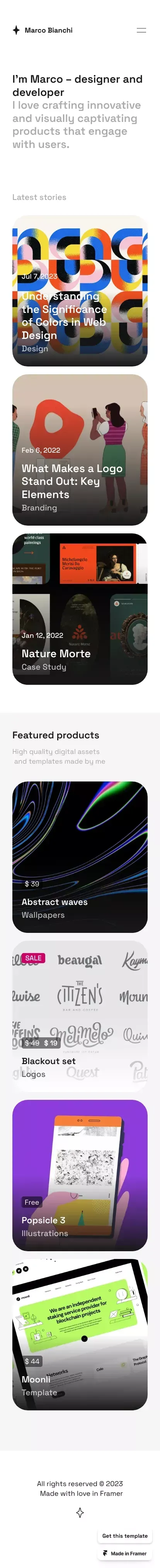 Atlas â Minimal personal Framer template mobile view