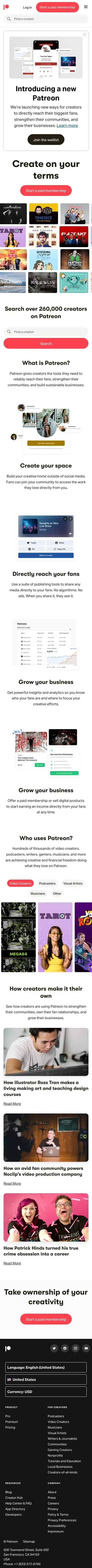Creativity powered by membership | Patreon mobile view