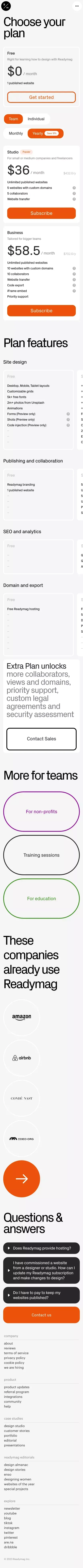 Readymag pricing and plans mobile view