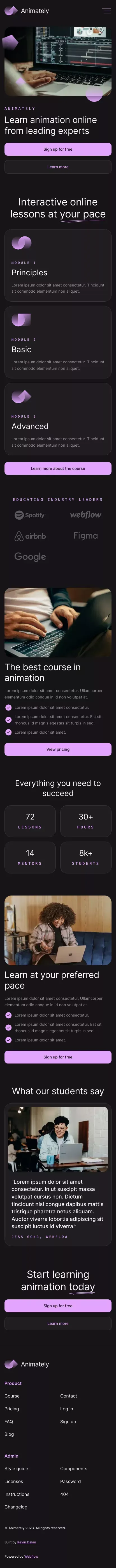 Animately - Webflow HTML website template mobile view