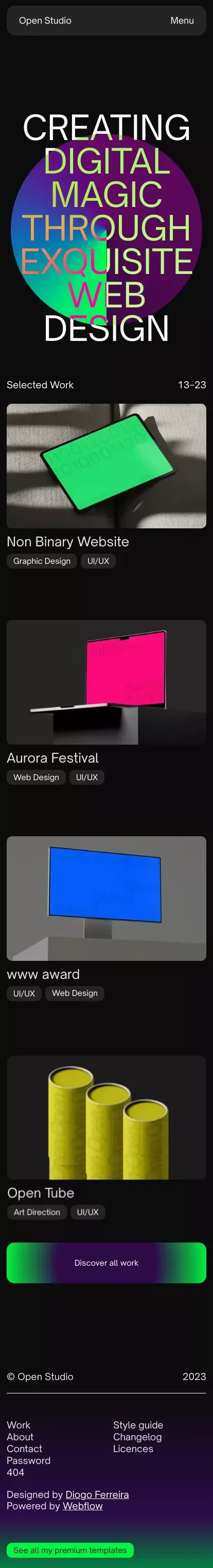 Open Studio – Webflow HTML website template mobile view