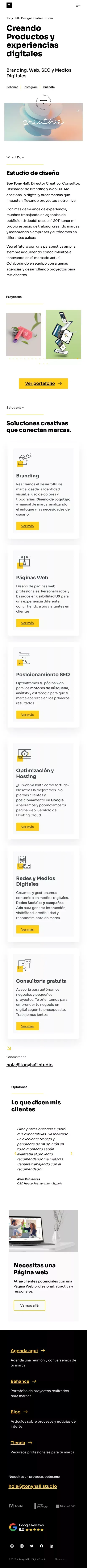 Branding, Web, SEO y Medios Digitales • Tony Hall - Studio mobile view