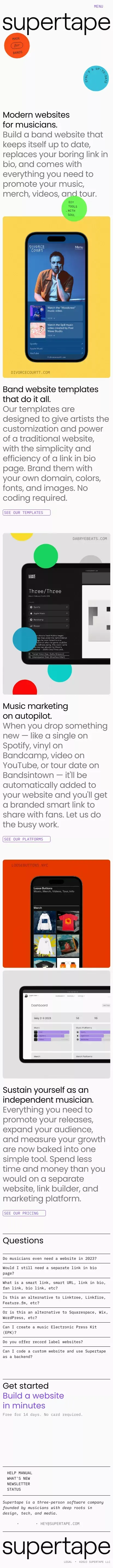 Musician Website Builder - Band Smart Link in Bio - Supertape mobile view