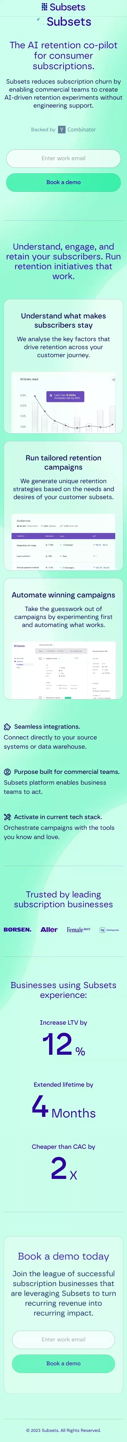 Subsets · The AI retention co-pilot for your subscription business. mobile view