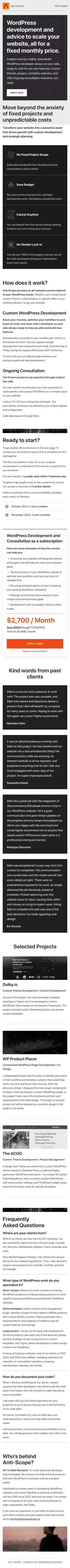 Anti-Scope: WordPress Development & More as a subscription mobile view
