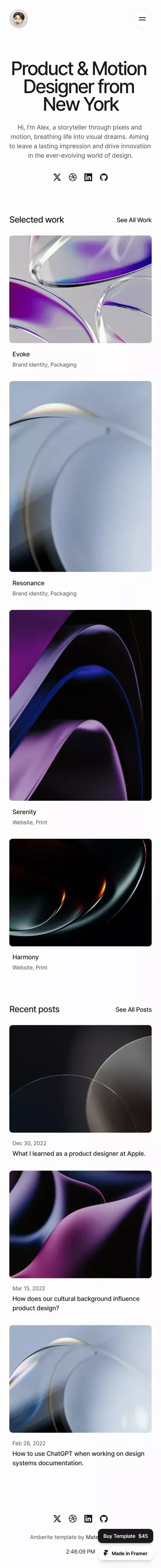 Amberite - Elegant Framer Website Template mobile view