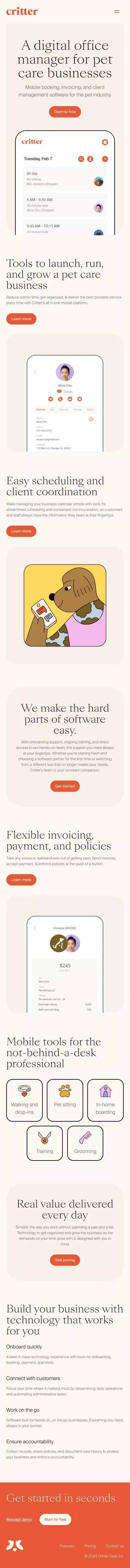 Critter - The best mobile software for pet care businesses mobile view