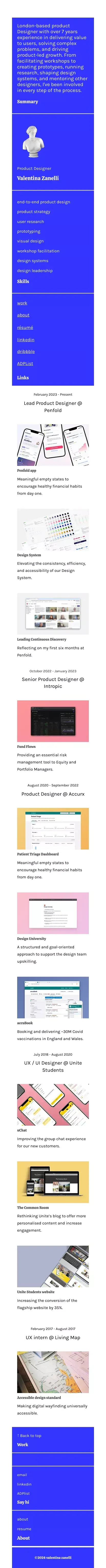 Valentina Zanelli · Product Designer · London, UK mobile view