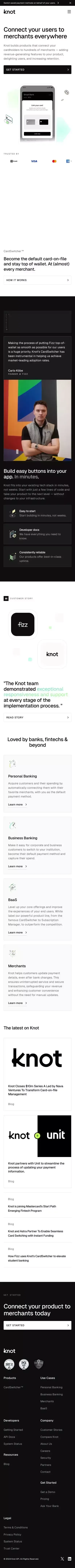 KnotAPI | Connecting your cardholders to merchants everywhere mobile view