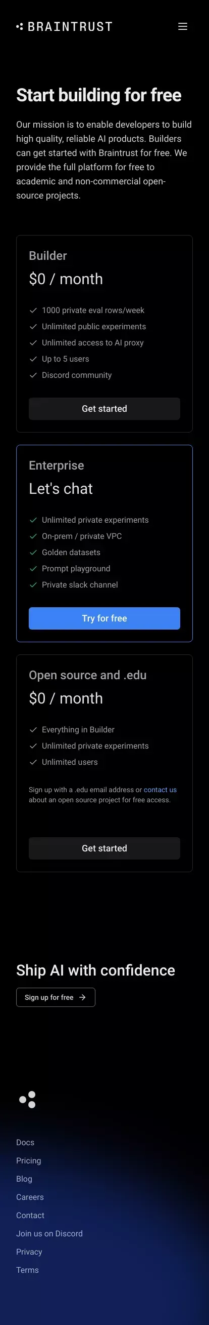 Pricing — Braintrust mobile view