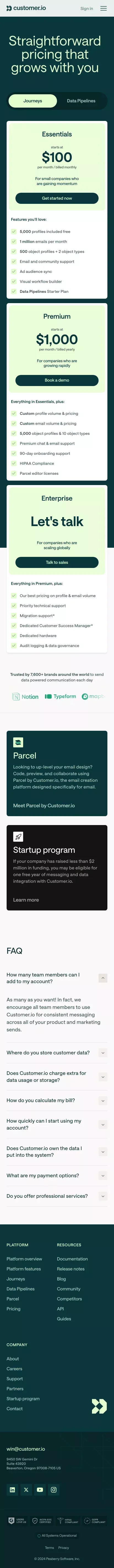 Pricing + Plans | Customer.io mobile view
