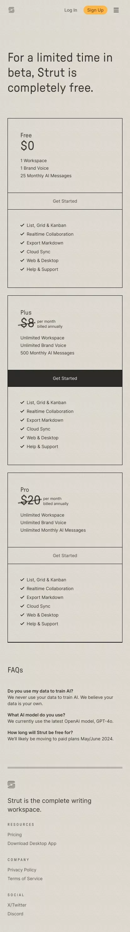 Strut – Plans & Pricing mobile view
