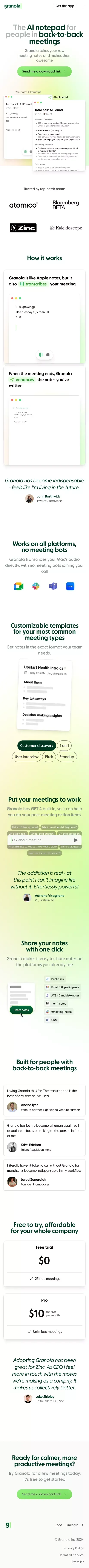Granola — The AI Notepad for meetings mobile view