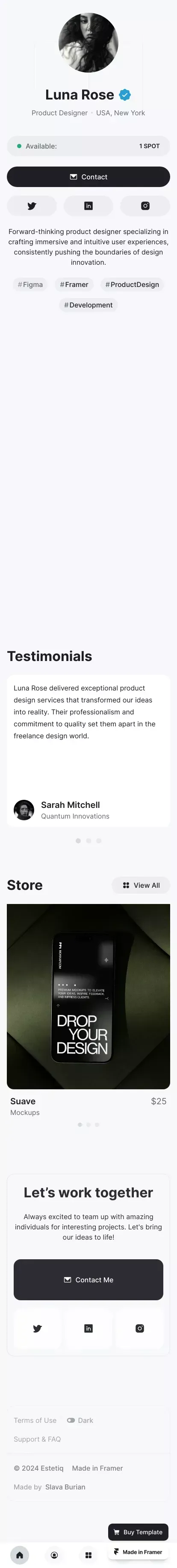 Home: Estetiq — Personal Framer Website Template mobile view