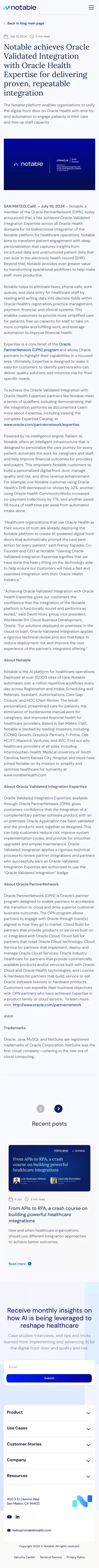Notable achieves Oracle Validated Integration with Oracle Health Expertise for delivering proven, repeatable integration mobile view