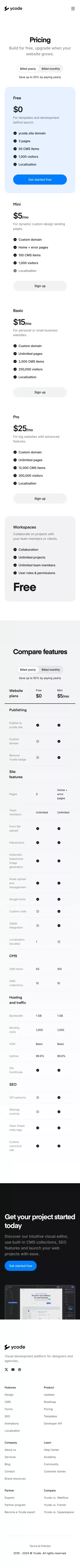 Ycode Pricing mobile view