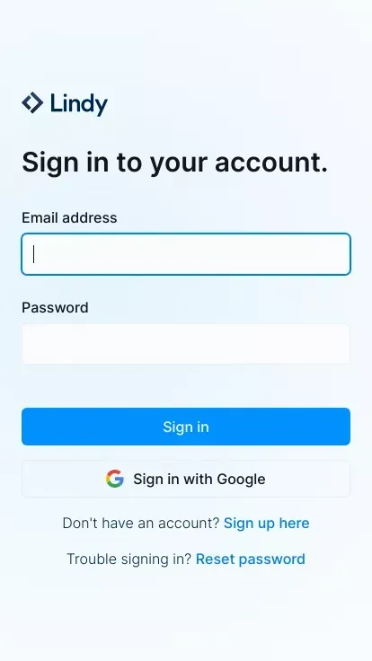 Login - Lindy mobile view