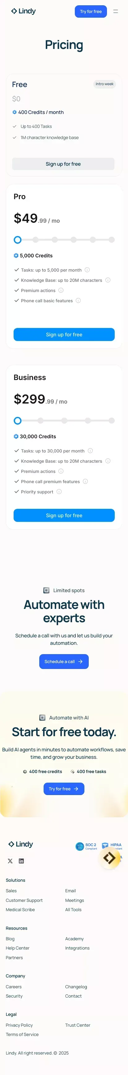 Pricing mobile view