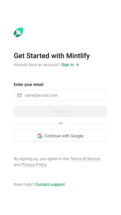 Sign up - Mintlify mobile view